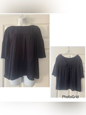 Ann Taylor Dark Navy Bell-Sleeve Back V Neck with Tie Blouse size M